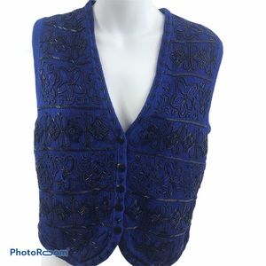 90's VTG Beaded Sequins Vest/Top Blue & Black Small Embellished Romantic Core